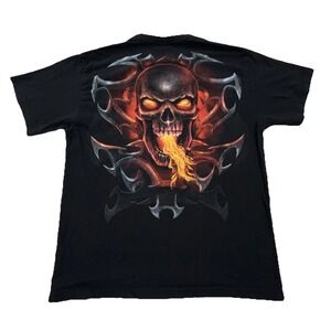 Vintage Y2K Spiral Direct Shirt Men Large Black Skull Fire Flames Dragon Tattoo